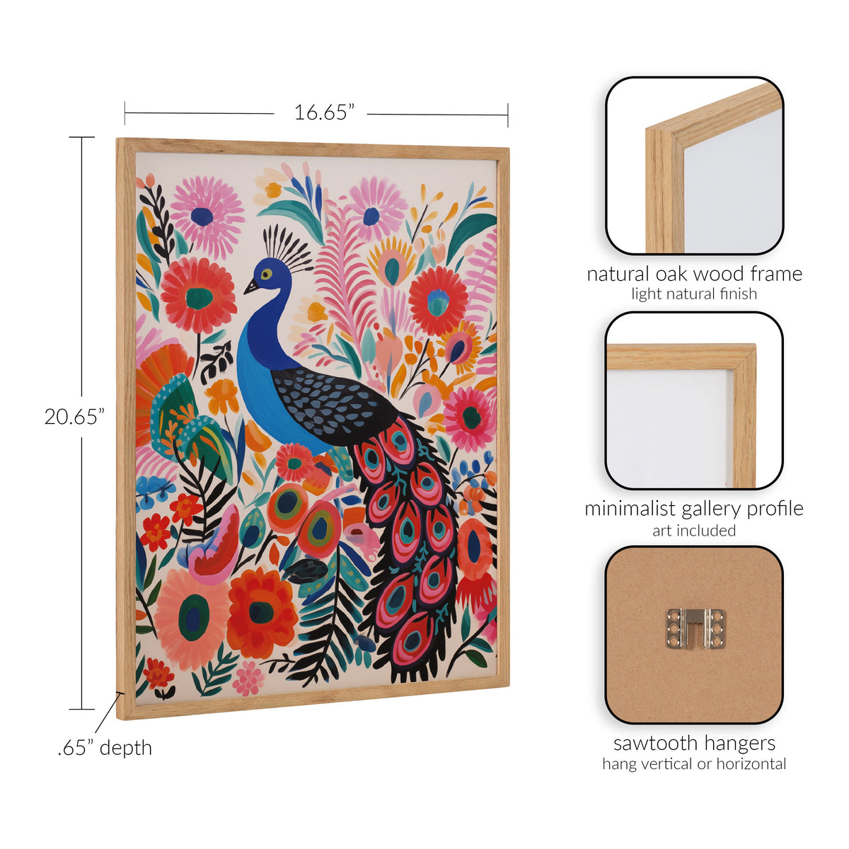 Brightly colored peacock illustration surrounded by vibrant pink, orange, and teal flowers in a natural oak wood frame with minimalist gallery profile.