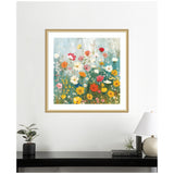 Square framed artwork depicting a colorful wildflower garden with red, yellow, white, and pink flowers against a blue-green background.