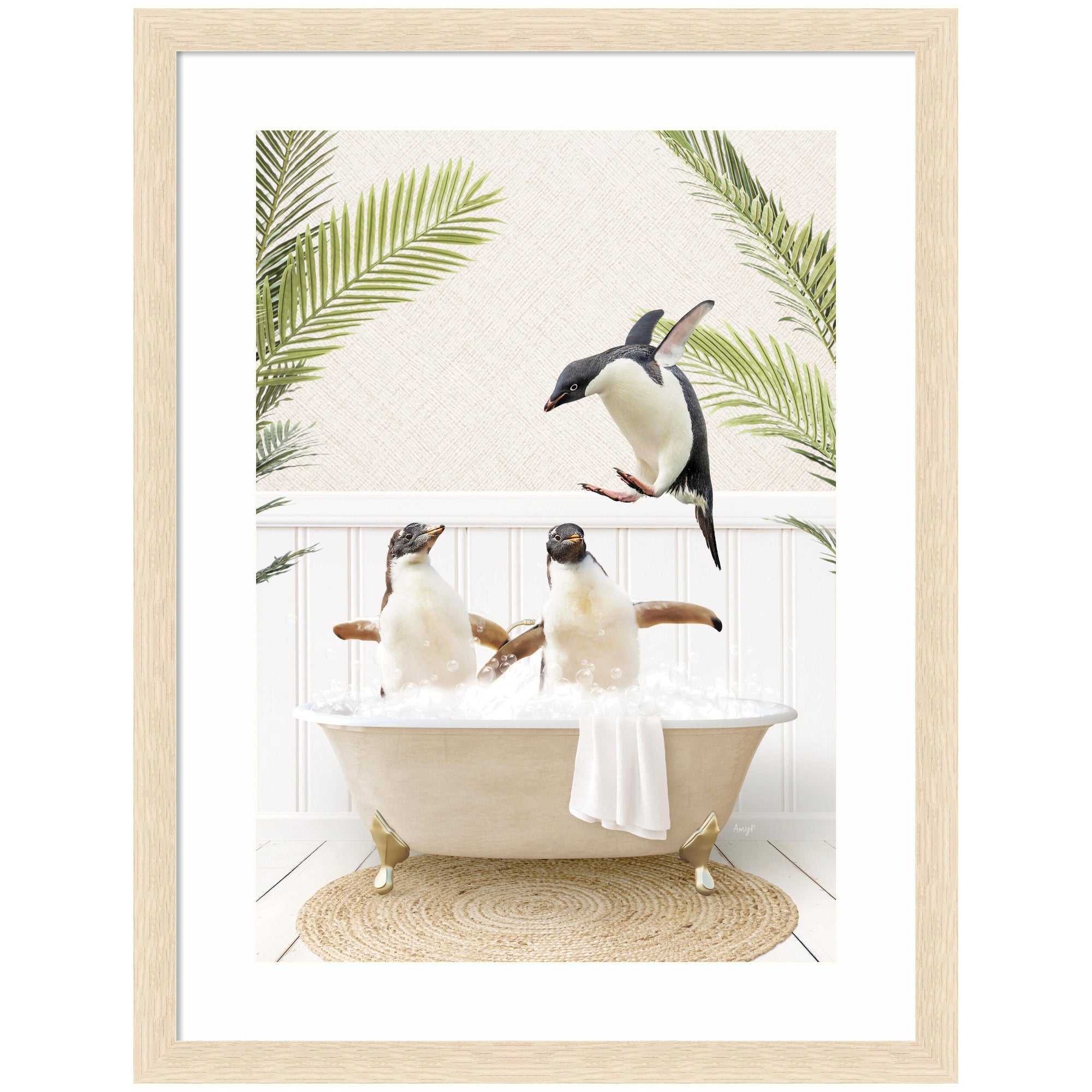Framed wall art print titled 'Penguins in Palms Bath' showing penguins and palm trees in vivid colors