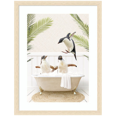Framed wall art print titled 'Penguins in Palms Bath' showing penguins and palm trees in vivid colors