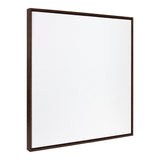 Square blank white canvas stretched and framed with a thin dark brown wooden frame, viewed slightly from the side against a white background.