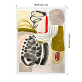 Abstract composition with muted beige, olive green, black, and red shapes including a spotted oval and layered brushstrokes on a white canvas with a thin white frame.