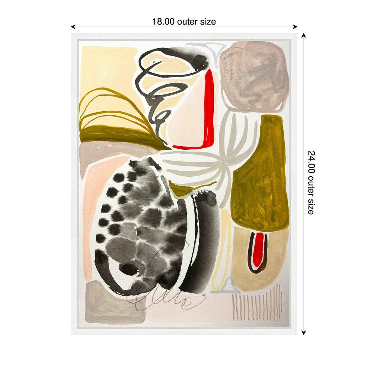 Abstract composition with muted beige, olive green, black, and red shapes including a spotted oval and layered brushstrokes on a white canvas with a thin white frame.