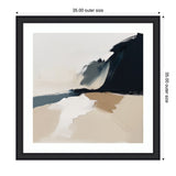 Abstract coastal landscape with dark navy cliffs, white and beige sand, and soft gray water in a 35x35 inch black frame.