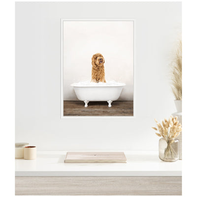 Sylvie Golden Labradoodle in Rustic Bath Style Framed Canvas by Amy Peterson