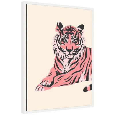 Sylvie Trendy Tiger framed canvas showing a close-up of a tiger's face with warm tones, floating polystyrene frame