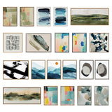 Three rows of framed abstract paintings featuring muted green landscapes, blue and black brushstrokes, geometric shapes, and colorful brushwork with wooden and white frames.
