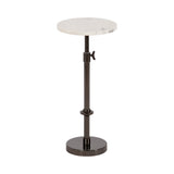 Adjustable plant stand with a round white marble top and dark metal base featuring a height adjustment knob in the center column.