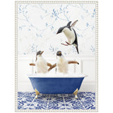 Three penguins in a small blue bathtub with white foam, one jumping above and two inside, set against wallpaper with blue vine patterns and blue-and-white tiled floor.