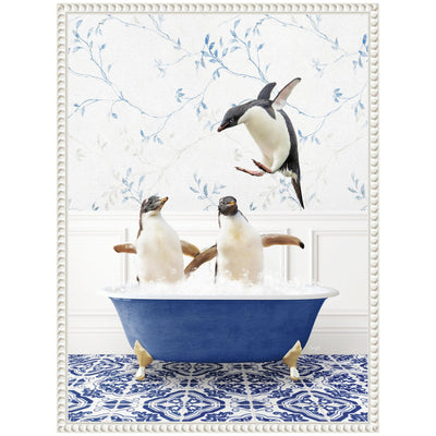 Sylvie Penguins in Eclectic Blue Bath Framed Canvas by Amy Peterson