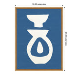 Abstract white ceramic shapes resembling vessels on a solid blue background, framed in natural wood measuring 18 by 24 inches.