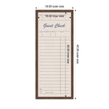 Tall rectangular linen fabric pinboard designed like a guest check with navy blue grid lines and text, framed by a brown border, showing outer and inner size measurements.