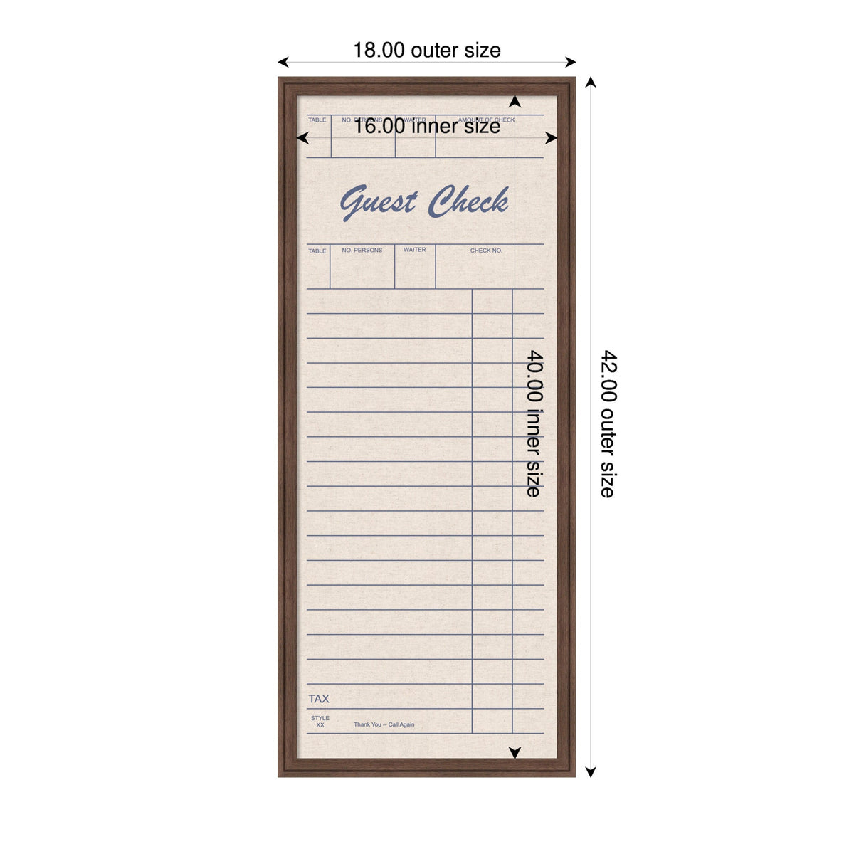Tall rectangular linen fabric pinboard designed like a guest check with navy blue grid lines and text, framed by a brown border, showing outer and inner size measurements.