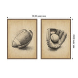 Two framed vintage-style canvas prints, one showing a detailed sketch of a football and the other a baseball glove holding a baseball, with aged beige backgrounds.