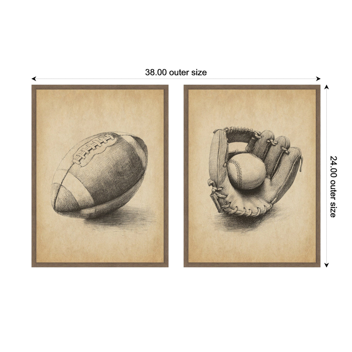 Two framed vintage-style canvas prints, one showing a detailed sketch of a football and the other a baseball glove holding a baseball, with aged beige backgrounds.