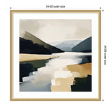 Abstract modern landscape painting with soft beige, gray, and dark blue mountains reflecting over a calm lake in muted tones, framed in light wood.
