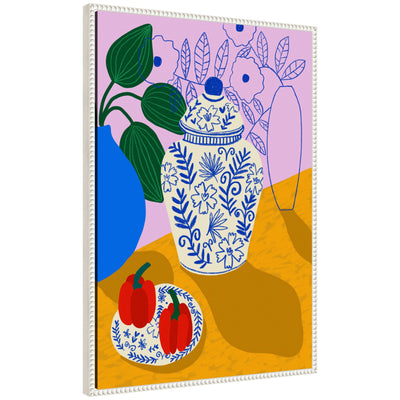 Framed canvas art titled Porcelain and Peppers by Teresa Rego showing a still life with white porcelain and red peppers