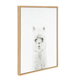 Framed canvas print of a detailed black and white drawing of a hairy alpaca, centered on a white background with a light wood frame.