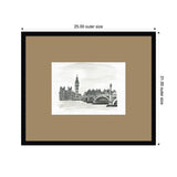 Black and white ink sketch of London's Big Ben and Westminster Bridge, centered with wide beige matting and a simple black frame.
