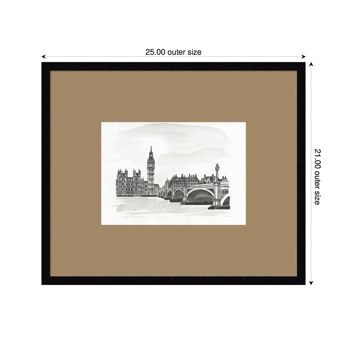 Black and white ink sketch of London's Big Ben and Westminster Bridge, centered with wide beige matting and a simple black frame.