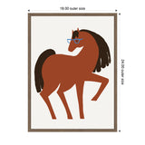 Illustration of a brown horse with a black mane and tail, wearing blue glasses, on a cream background framed in simple wood with 18 by 24 inch measurements.