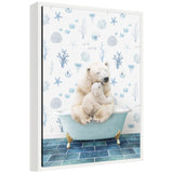 Framed canvas art depicting a mother and baby polar bear in an underwater bathtub scene by Amy Peterson
