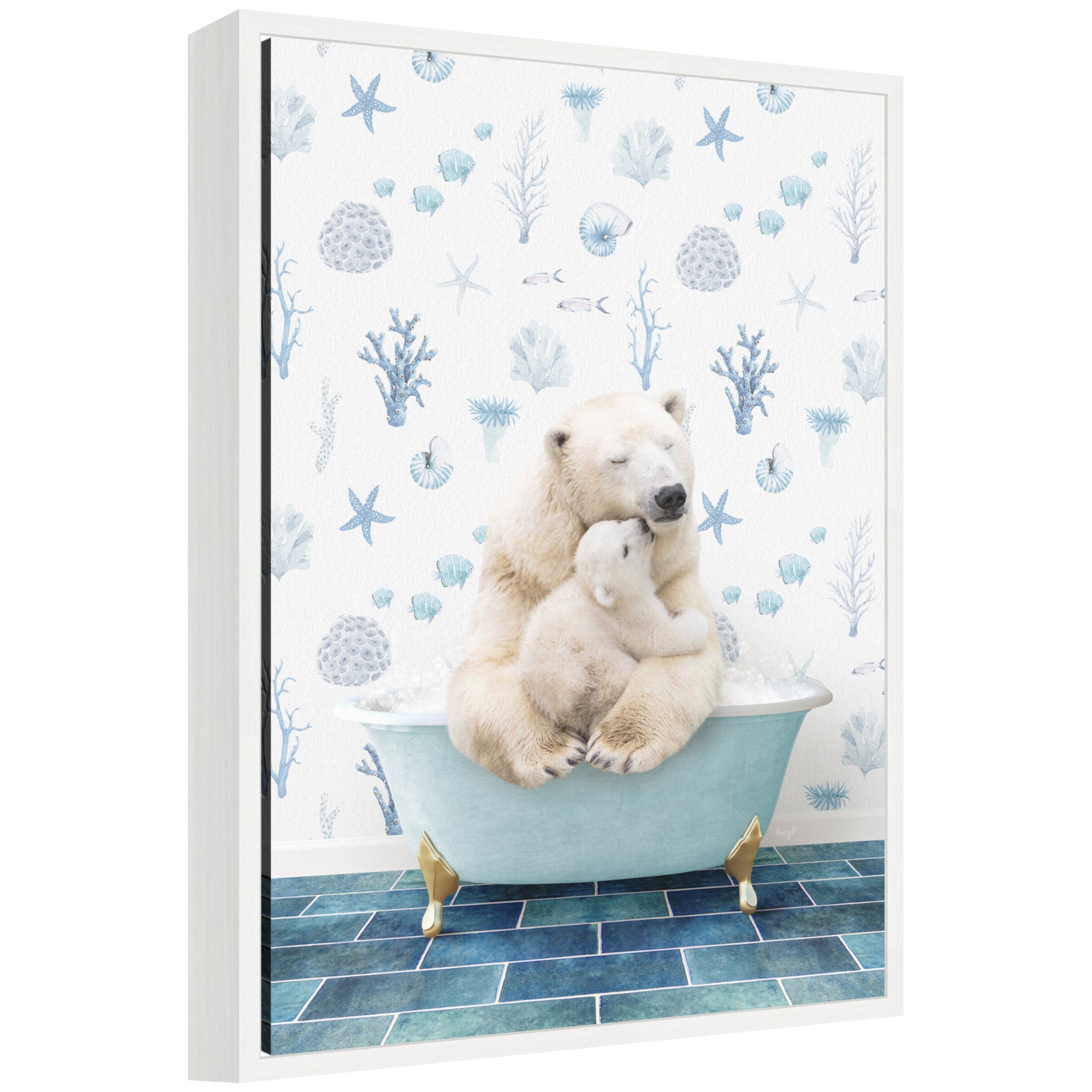 Framed canvas art depicting a mother and baby polar bear in an underwater bathtub scene by Amy Peterson