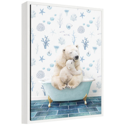 Framed canvas art depicting a mother and baby polar bear in an underwater bathtub scene by Amy Peterson