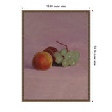 Still life painting featuring a red apple, dark purple plum, and a small cluster of green grapes on a muted lavender background within an ornate frame.