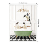 Three penguins play in a green clawfoot bathtub filled with bubbles on a black-and-white checker floor, beneath a modern gold chandelier with globe bulbs.
