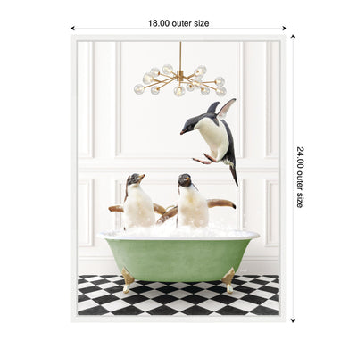 Sylvie Penguins in Green Bathtub Checker Floor Framed Canvas by Amy Peterson