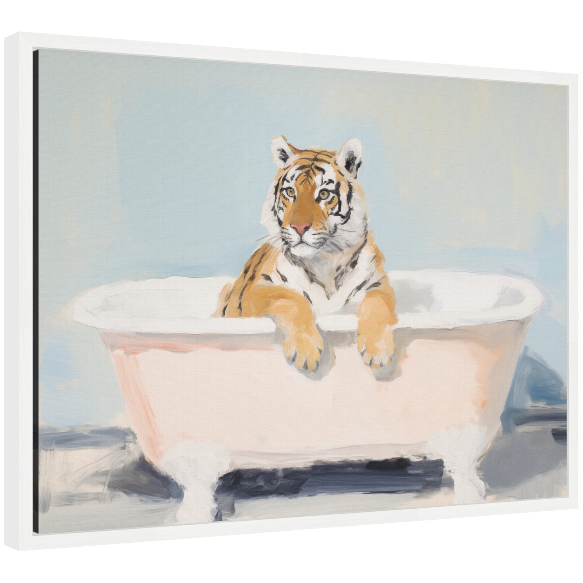 Framed canvas art showing a tiger in a bathtub with boho cottage farmhouse style