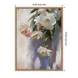 Soft pastel painting of a delicate flower bouquet with white and pink blooms and green leaves against a muted grayish-beige background in a light wooden frame.