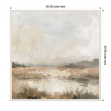 Softly blended abstract landscape painting with muted beige, gray, and brown tones, featuring a diffuse horizon and a calm reflective water surface below a cloudy sky.