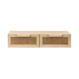 Rectangular floating console with two woven rattan drawer fronts and light natural wood frame, shown from the front on a white background.