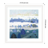 Pastel winter landscape painting with layered hills, blue and white trees, small buildings, and black cows under a pale sky, framed in white.