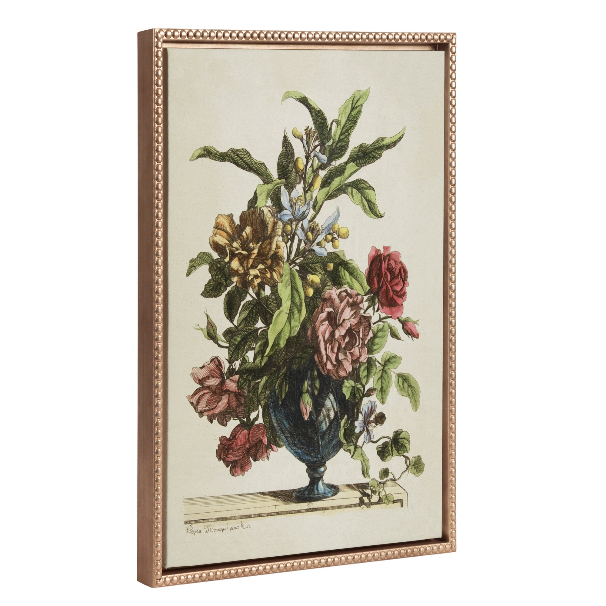 Sylvie Beaded Vase of Flowers, 1660 framed canvas art showing a vase of flowers in a vintage beaded frame