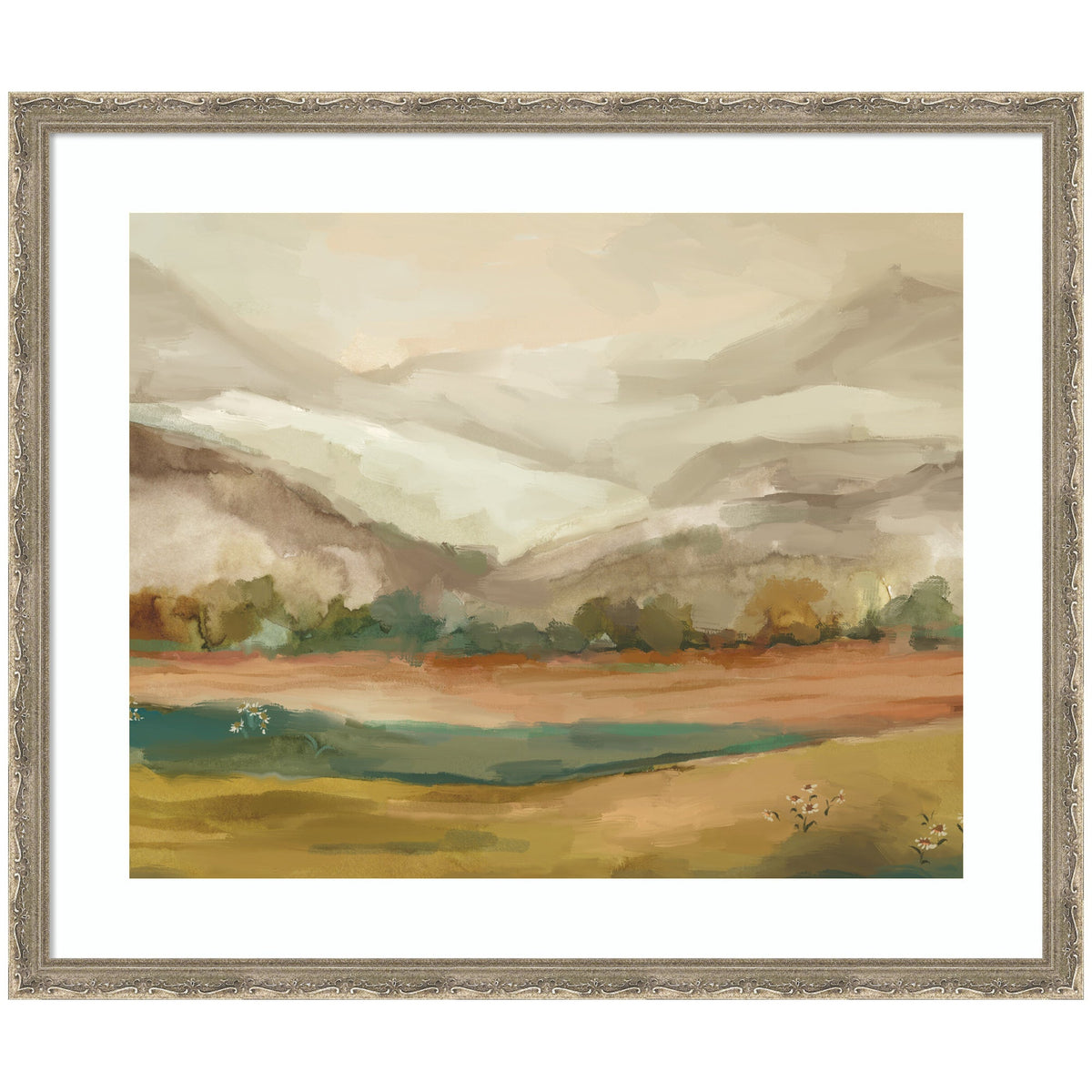 Softly blended landscape painting with muted beige and brown mountains, a horizontal teal water body, and green and ochre foreground under a cloudy sky.