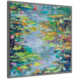 Abstract impressionist painting of a pond with water lilies in greens, blues, pinks, and yellows, framed in a simple gray square frame.