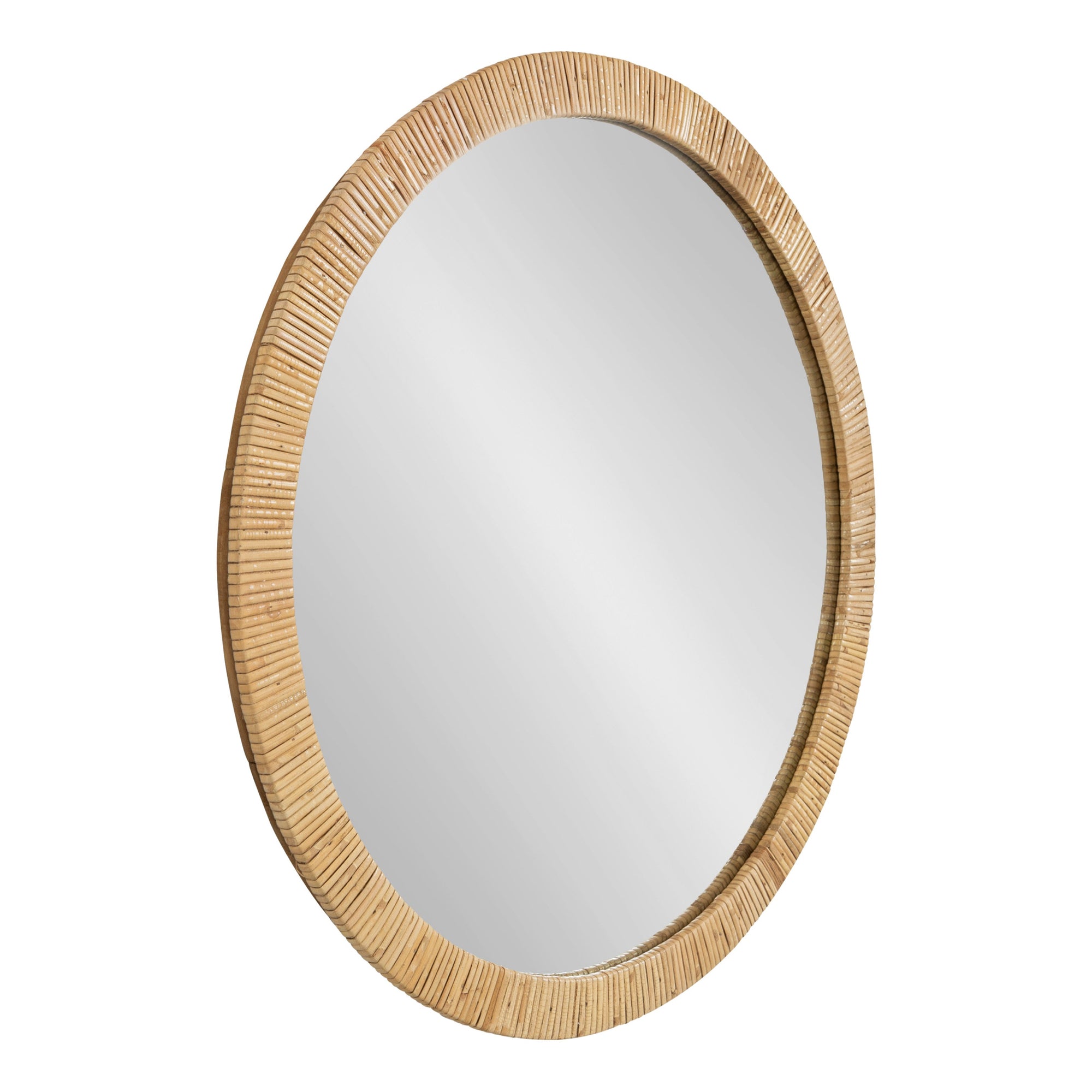 Rahfy Round Framed Wall Mirror with natural rattan wrapped round frame hanging on beige wall