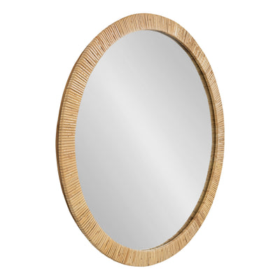 Rahfy Round Framed Wall Mirror with natural rattan wrapped round frame hanging on beige wall