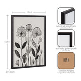 Black and white botanical linocut print in a slim black natural oak frame with minimalist gallery profile and sawtooth hangers, shown with size and detail close-ups.