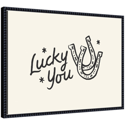Lucky You Horseshoe hand drawn print by Lucky Guava in black beaded Sylvie frame hanging on wall