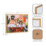 Illustration of a tiger relaxing in a bubbly bathtub with bold orange and black stripes, surrounded by colorful plants and patterned decor, framed in natural oak wood.