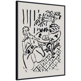 Black ink sketch of a seated woman beside a round table with a potted plant and bowl, framed by vertical stripes and a patterned floor, in a minimalist style.