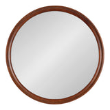 Round wall mirror with a warm brown wooden frame featuring subtle grain and smooth finish in a classic circular design.
