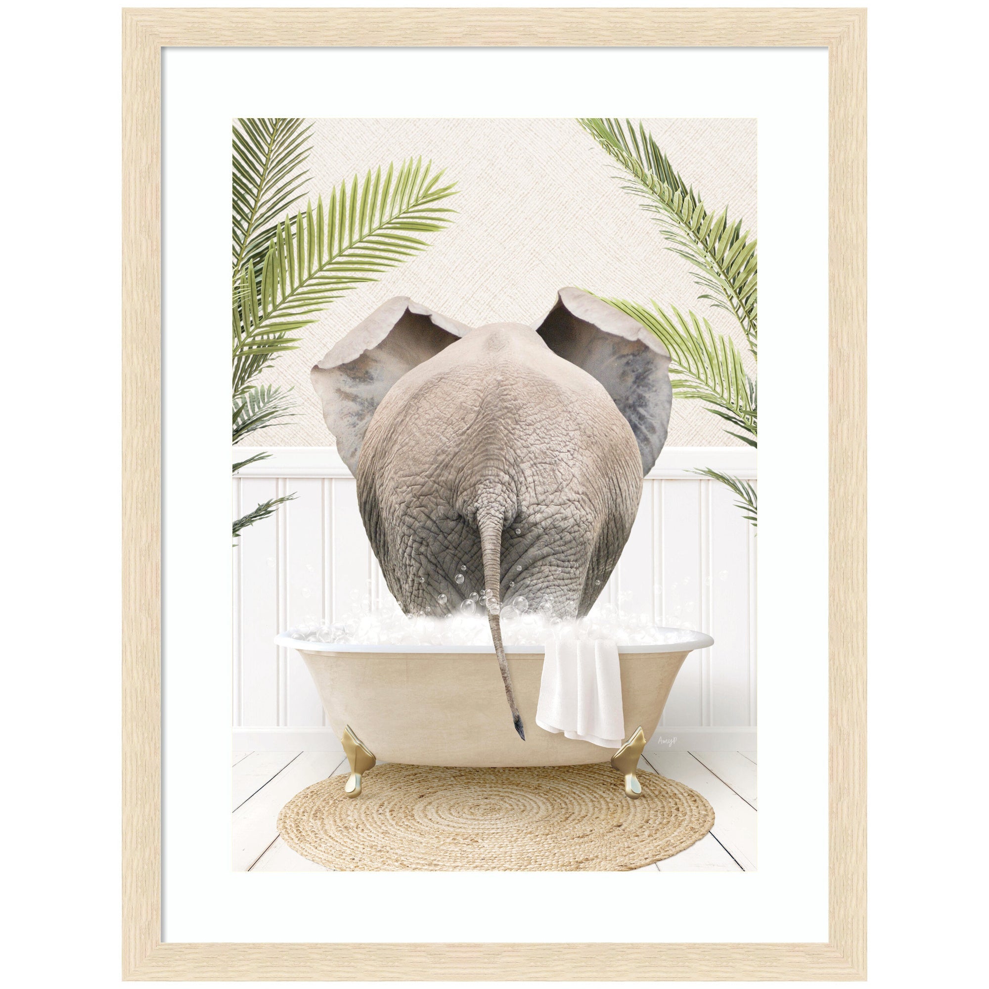 Framed wall art print showing an elephant back in a palm bathtub, designed by Amy Peterson