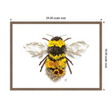 Artistic bumble bee composed of yellow and brown dried flowers and seed pods with delicate feathery wings, framed in a simple brown wood frame.