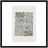 Framed abstract print featuring an irregular grid of small black brushstroke rectangles on a pale beige background, by Gabrielly Guedes.