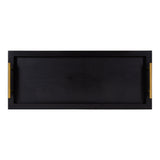 Rectangular black decorative tray with a recessed center and gold-tone metal handles on each short side, shown from above on a white background.